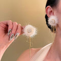 White Faux Fur Pom Pom Pearl and Gold Chain Drop Earrings view 2