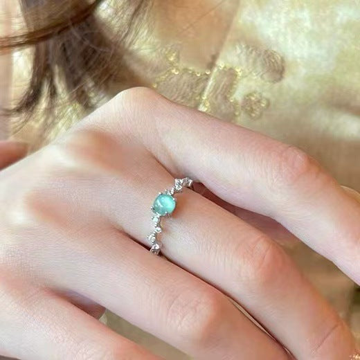 Silver Open Ring Mint Green Cabochon Clear Crystal Band