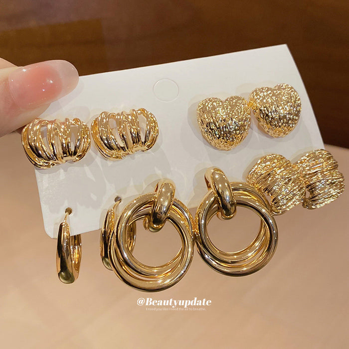 Gold Textured Heart Bow Geometric Stud Earring Five Pair