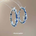 Blue and White Frayed Denim Fabric Oversized Hoop Earrings view 2