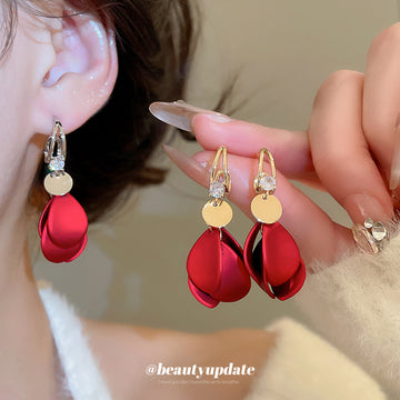 Red Petal Drop Earrings With Gold Tone Hooks For Distinctive Statement Styling
