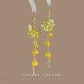 Gold Tone Lemon Yellow Flower Cluster And Chain Tassel Hook Earrings view 1
