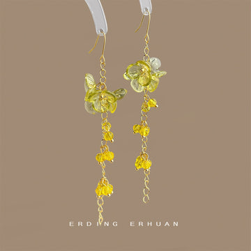 Gold Tone Lemon Yellow Flower Cluster And Chain Tassel Hook Earrings