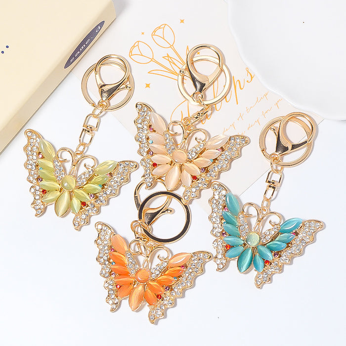 Cat Eye Stone Butterfly Keychain Gold Clasp Four Colors