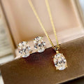 Oval Clear Solitaire Stud Earrings And Pendant Necklace Gold Tone view 1