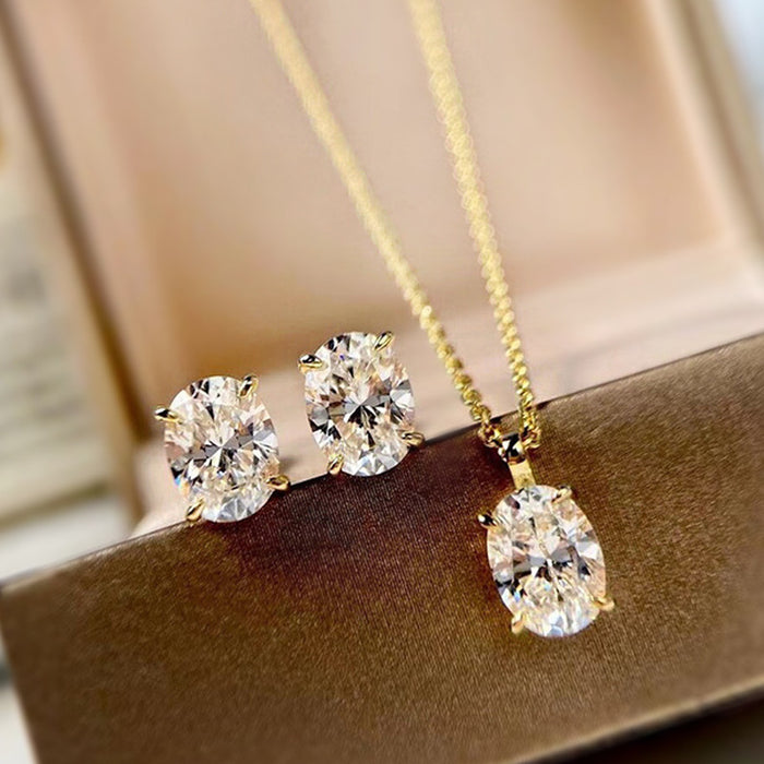 Oval Clear Solitaire Stud Earrings And Pendant Necklace Gold Tone