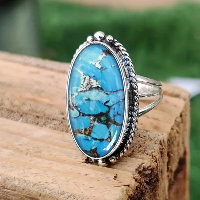 Antique Silver Oval Blue Turquoise Look Cabochon Finger Ring