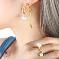 Abstract Wave Drop Earrings With White Glass Pearl Bead view 3