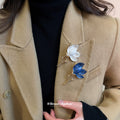 Gold Stem Enamel Magnolia Flower Brooches White and Blue view 3