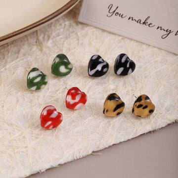 Printed Heart Brown Red Black and Green Stud Earrings