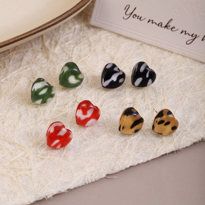 Printed Heart Brown Red Black and Green Stud Earrings