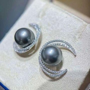 Silver Gray Pearl Crescent Crystal Stud Earrings Pair