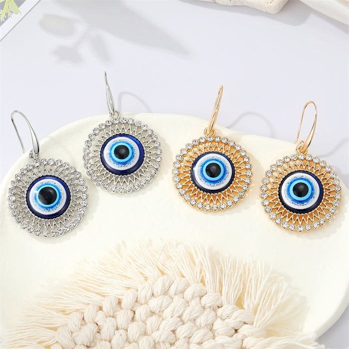 Large Round Crystal Evil Eye Hook Earrings in Gold and Silver Tone