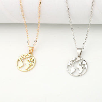 Openwork World Map Pendant Necklaces in Gold and Silver Tone