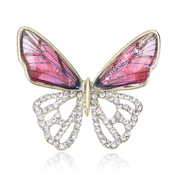 Butterfly Brooch With Printed Wings and Clear Crystal Filigree