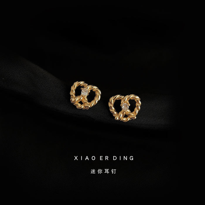 Gold Tone Braided Open Heart Clear Stone Stud Earrings For Women
