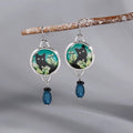 Antique Silver Black Cat Cabochon Blue Bead Drop Earrings view 1