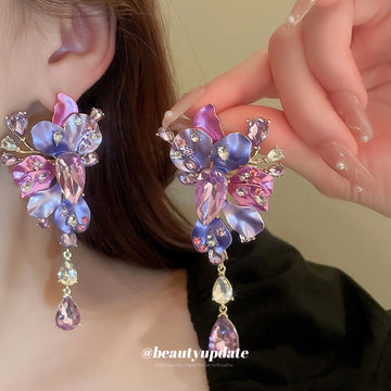Purple Crystal Flower Cluster Drop Earrings with Polished Metal Accents