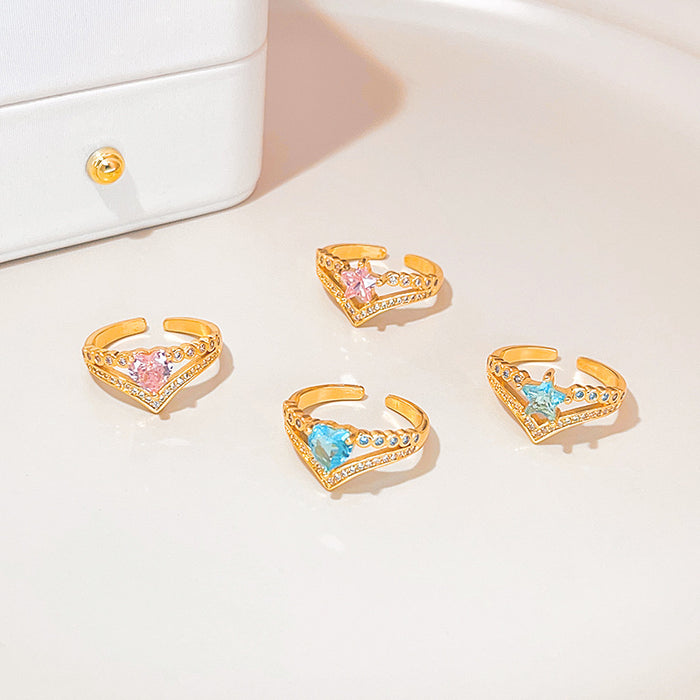 Gold Open Adjustable V Band Star Heart Crystal Rings