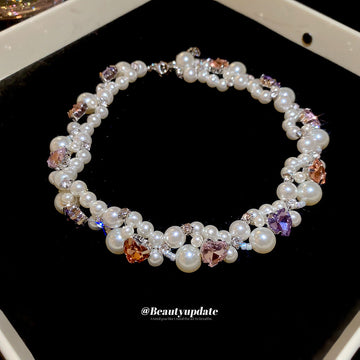 Multi Strand Pearl Choker Heart Crystal Necklace Silver