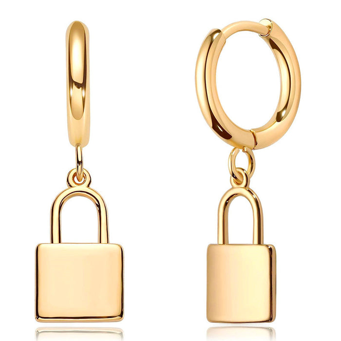 Gold Padlock Huggie Hoop Dangle Earrings Metal Alloy