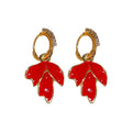 Gold Tone Red Enamel Maple Leaf Drop Huggie Earrings view 5