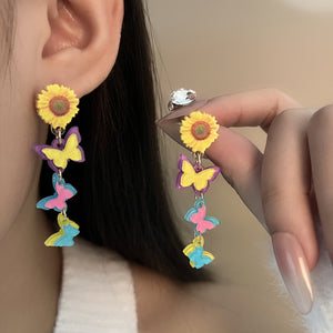 Acrylic Sunflower Stud Earrings with Four Multicolor Butterfly Drops