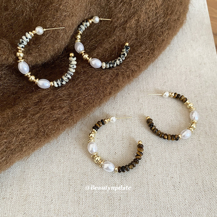 Beaded Pearl C Hoop Stud Earrings In White And Brown