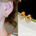 Orange Cabochon and Crystal Double Circle Stud Earrings view 1