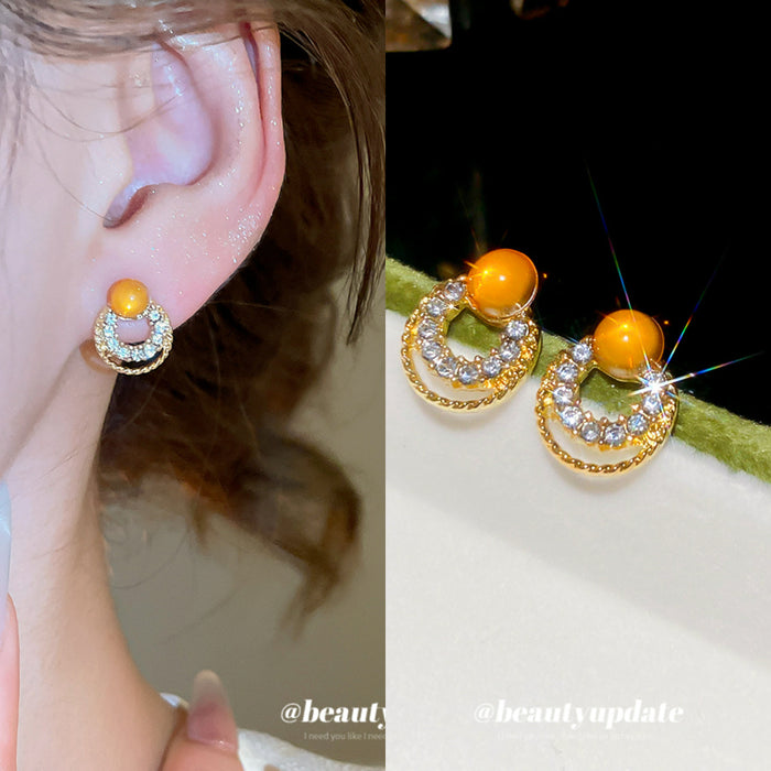 Orange Cabochon and Crystal Double Circle Stud Earrings