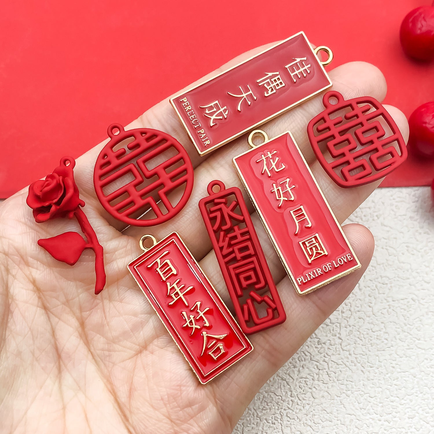 Zinc Alloy Double Happiness Square Charm Pendant for Wedding Candy Box DIY Decoration