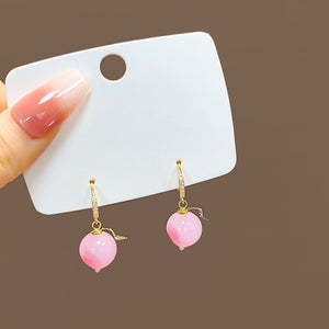 Gold-Tone Brass Huggie Earrings with Pink Peach Drop and Leaf