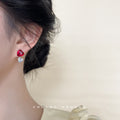 Red Clear Double Heart Drop Stud Earrings Silver Tone view 2