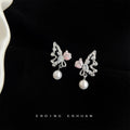 Silver Tone Liquid Butterfly Pearl Drop Earrings Pink Flower view 1