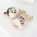 White Enamel Rhinestone Skiing Snowman Brooch Gold Tone Pin view 2