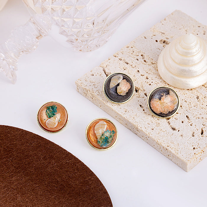 Miniature Floral Scene Round Gold Tone Stud Earrings