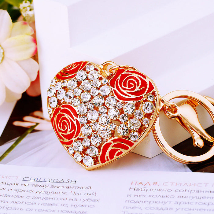 Crystal Rose Heart Keychains in Red Purple Pink and White