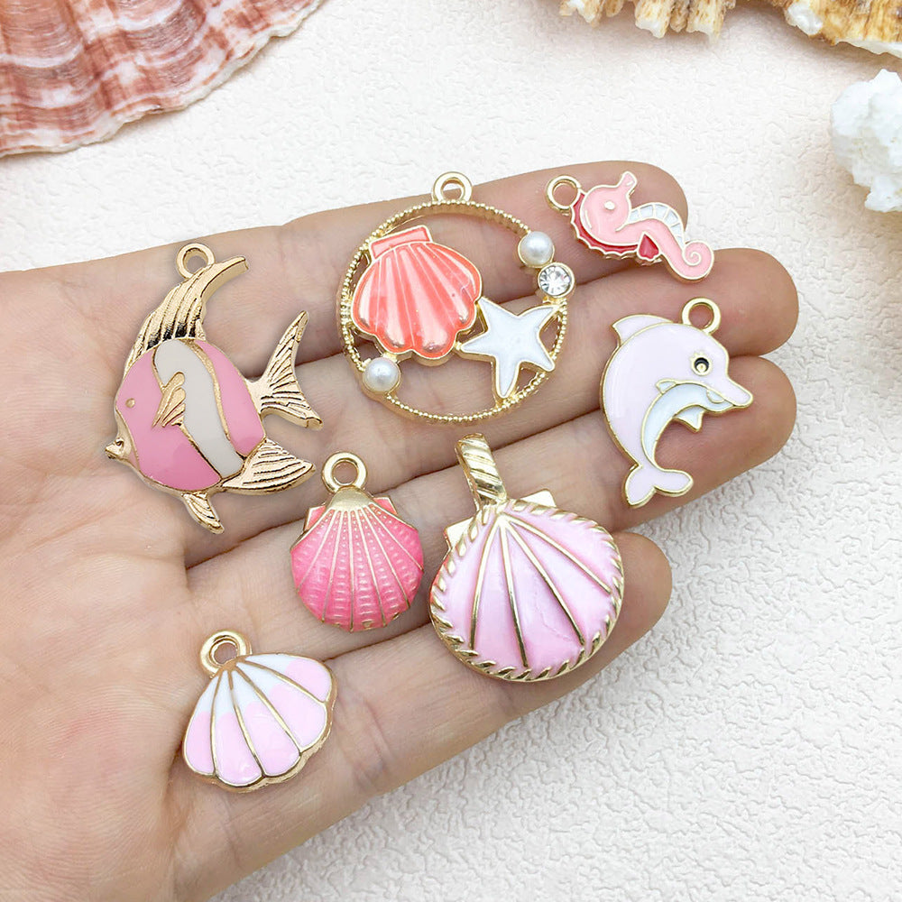 Pink Enamel Zinc Alloy Starfish Seahorse Shell Charm Pendants for DIY Keychain Jewelry