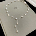 Silver Y Drop Necklace Pearl and Irregular Nugget Beads view 6