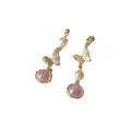 Gold Tone Textured Leaf Pearl And Pink Stone Drop Stud Earrings view 5