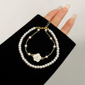 Gold Pearl Dual Layer Camellia Enamel Bracelet Two Piece Set view 6