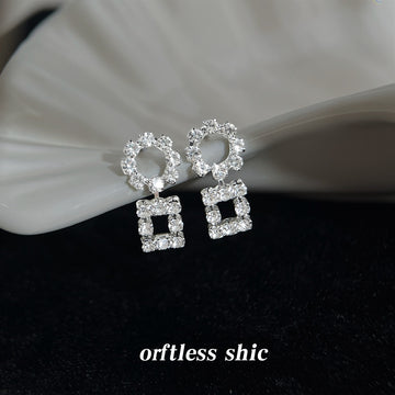 Silver Tone Clear Stone Round And Square Link Drop Stud Earrings
