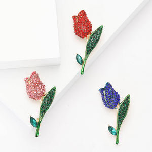 Rhinestone Tulip Brooch Green Leaf Stem Pink Red Blue Pin
