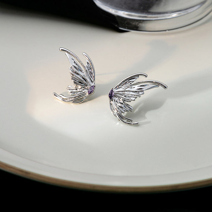 Silver Tone Purple Center Angel Wing Stud Earrings