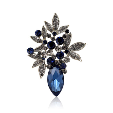 Leaf Cluster Crystal Brooch with Colored Teardrop Stone