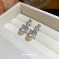 Pink Pearl and Crystal Bow Shaped Hoop Stud Earrings view 4
