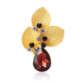Three Textured Leaf Brooch With Large Burgundy Teardrop Crystal view 5