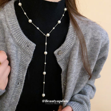 Station Pearl Y Lariat Drop Necklace Gold Silver Tones