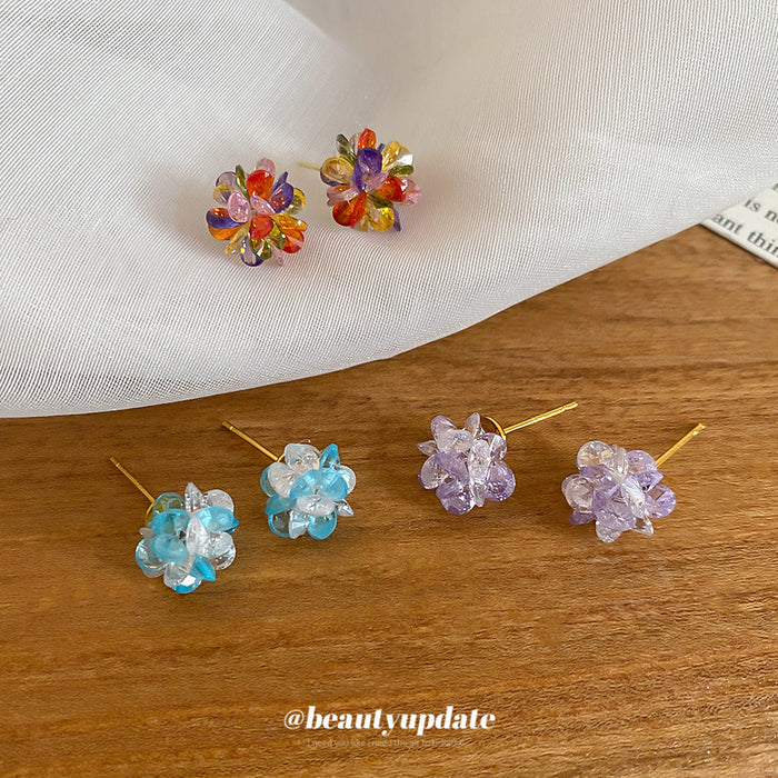 Multicolor Crystal Flower Stud Earrings with Faceted Petals