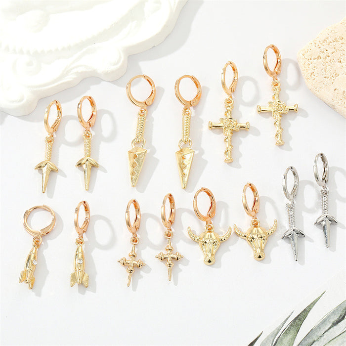 Gold and Silver Tone Symbol and Weapon Huggie Drop Earrings
